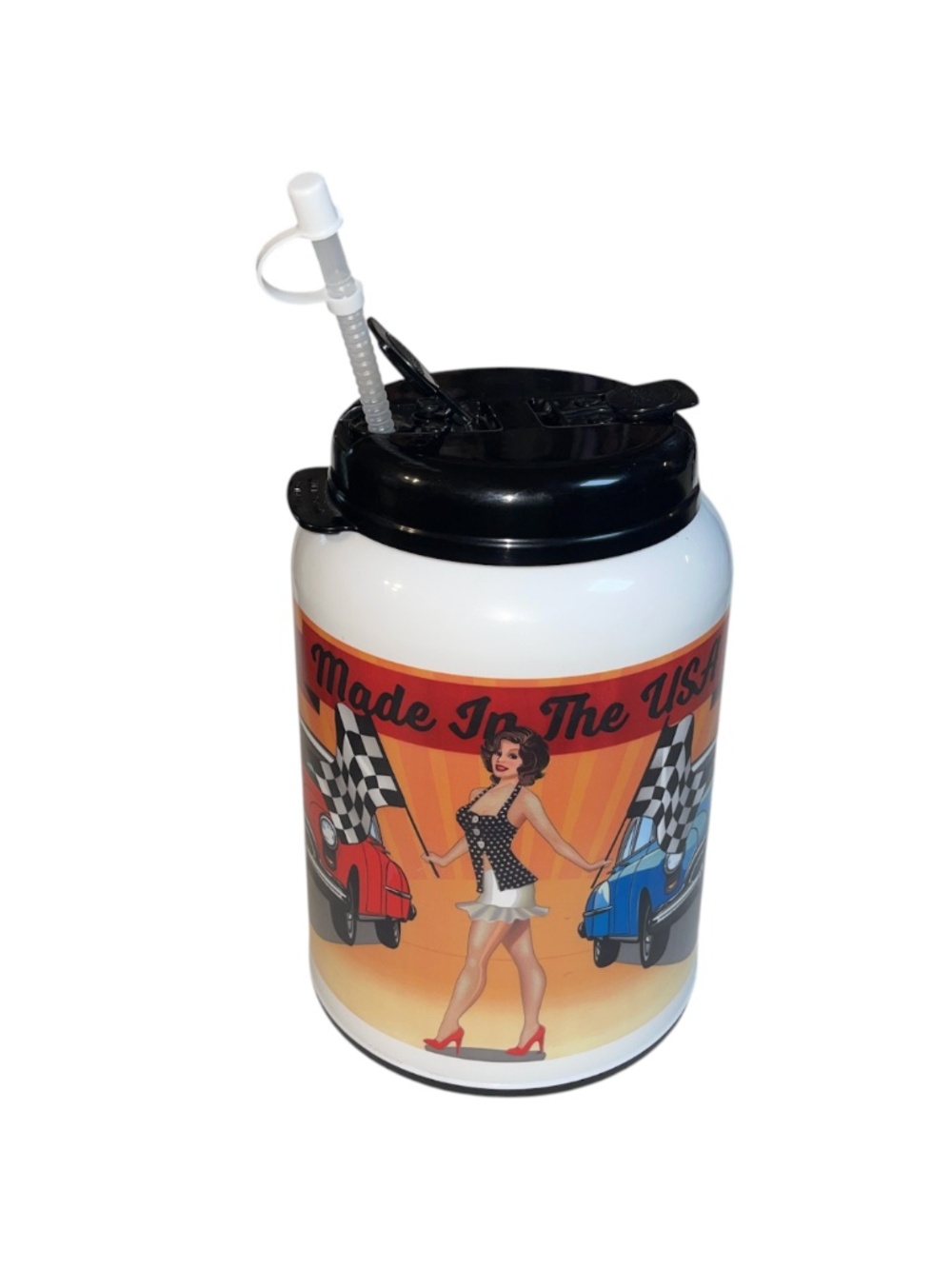 USA Whirley Americana Mug Huge 100 OZ Insulated Straw Pin Up Girl Vintage Cars